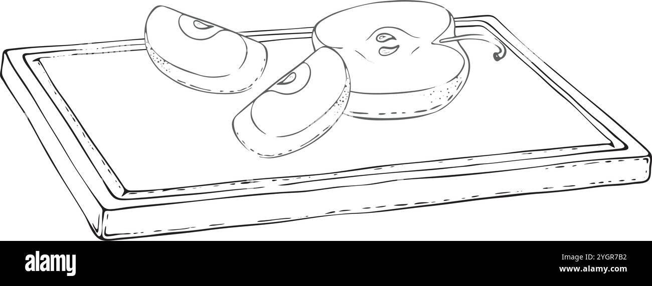 Coupez la pomme sur une planche. Illustration vectorielle sur un fond blanc. Ingrédient pour jus, vin chaud, recettes, charlotte, confiture, conserves, compotes. Récolte dans le jardin. Typographie d'imprimerie, Illustration de Vecteur