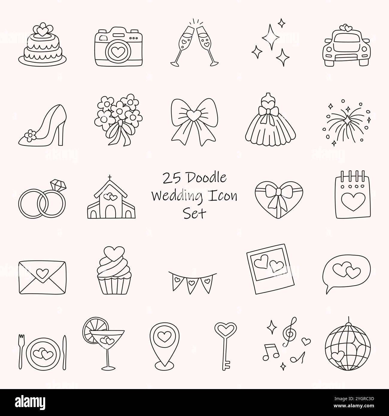 Ensemble d'icônes de doodle de mariage - coeur, bagues, verres, voiture, église, arc, étoile, scintillement, robe, gâteau, géolocalisation, enveloppe. Symbole de mariage vectoriel dessiné à la main pour Illustration de Vecteur