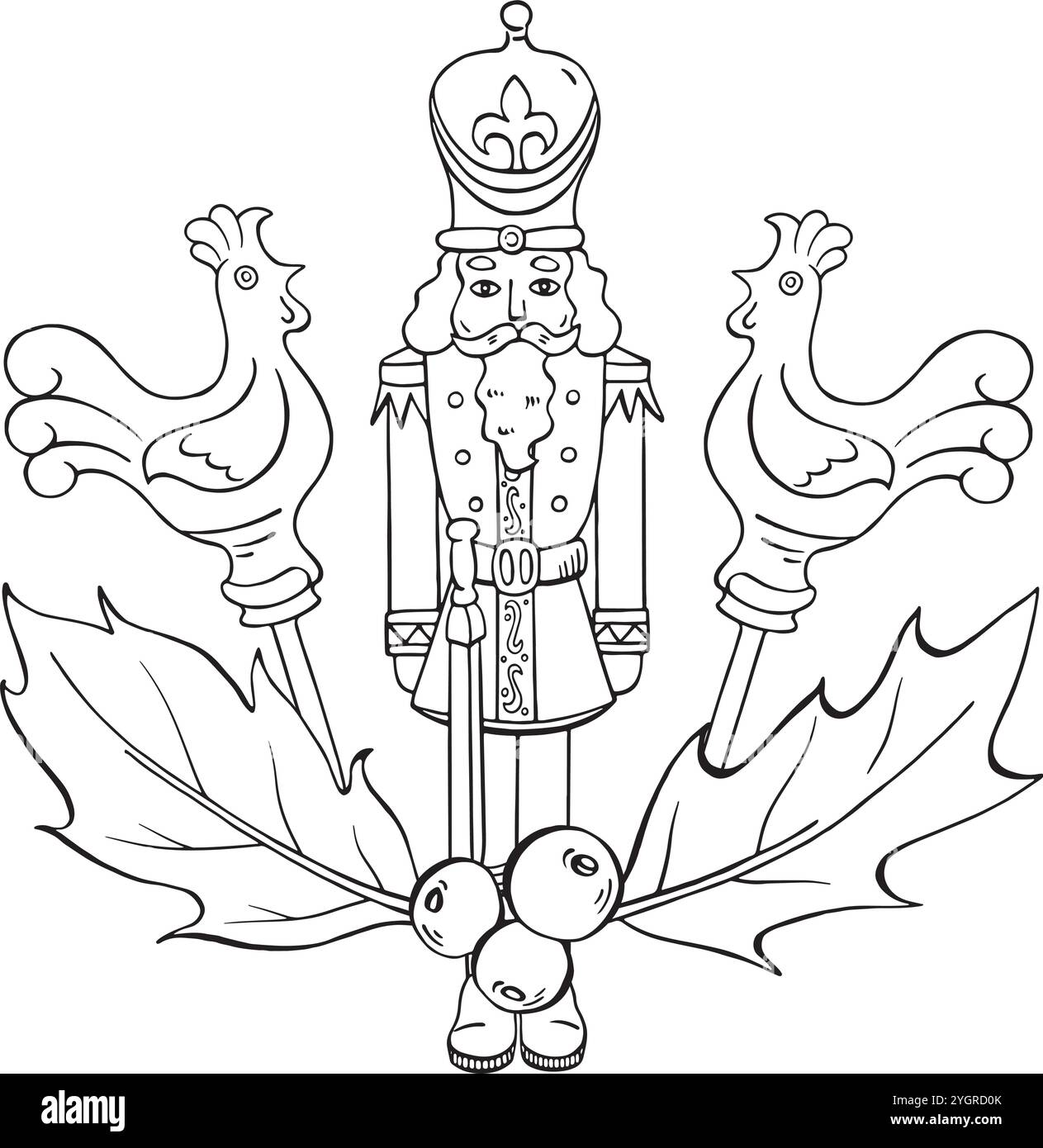 Figurine de soldat de Noël, coq sucette, feuilles de houx et baies. Ensemble de vecteur d'encre isolé pour la décoration d'hiver, carte, coloriage, impression Illustration de Vecteur