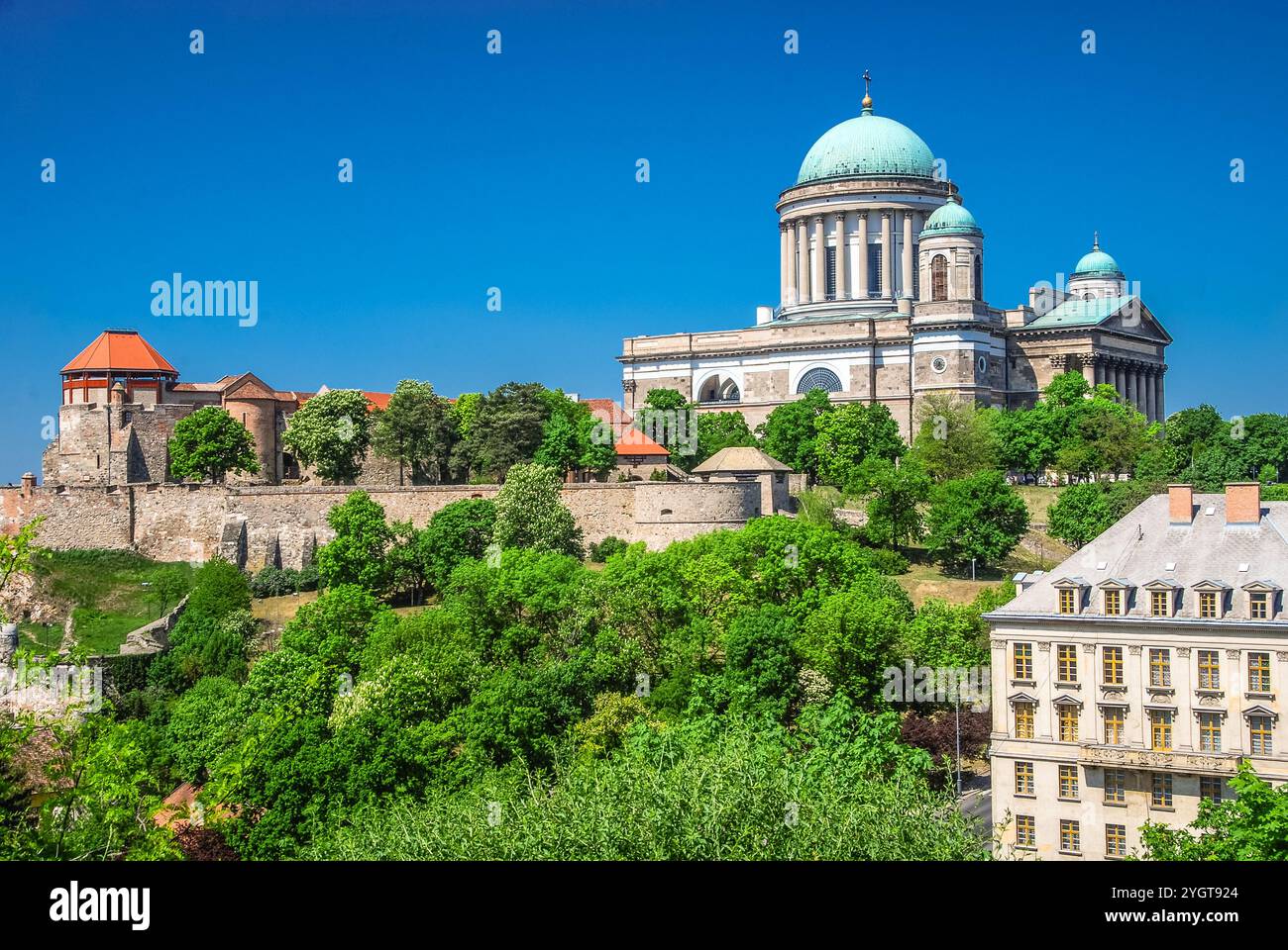 Vue imprenable sur la cathédrale d'Esztergom au milieu d'une végétation luxuriante. Banque D'Images