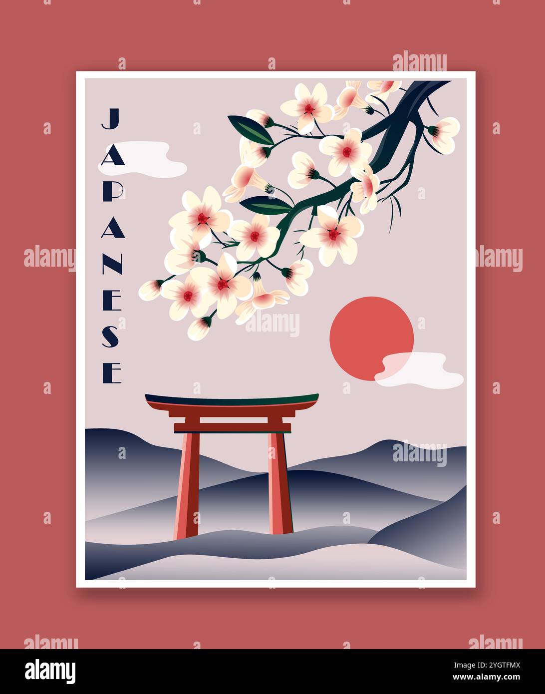 Affiche japonaise minimaliste. Élément d'architecture asiatique rouge près de sakura. Créativité minimaliste et compris Fleurir et fleurir le cerisier. Vecteur plat Illustration de Vecteur