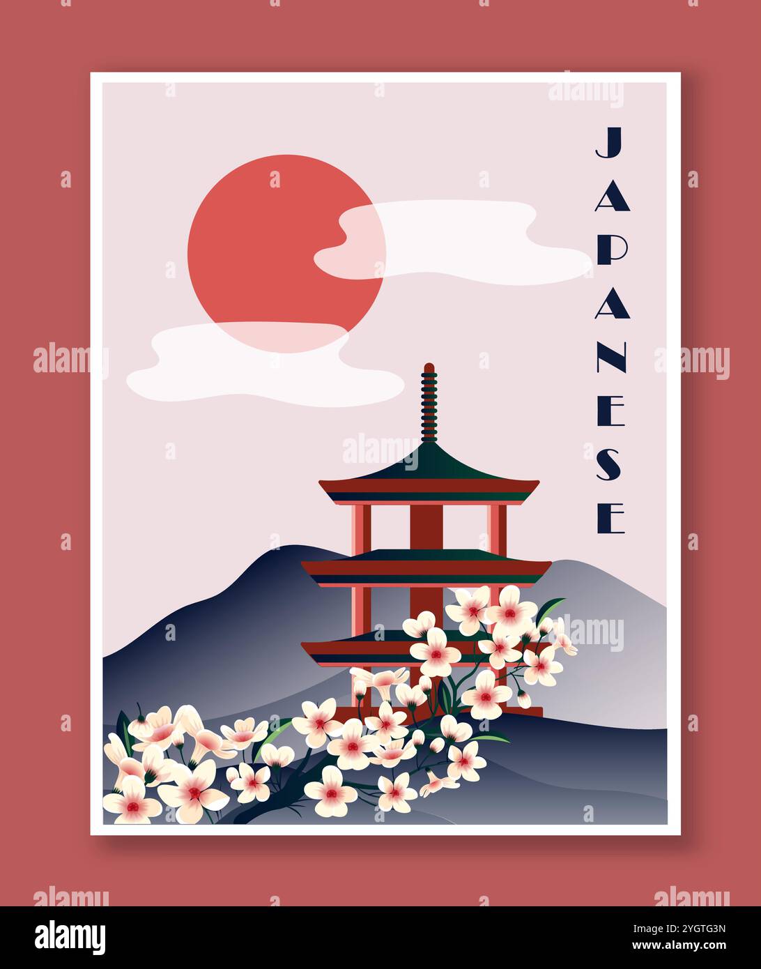 Affiche japonaise minimaliste. Élément d'architecture asiatique rouge près de sakura et de montagnes. BLOOOM et arbre de fleur. Créativité minimaliste et compris Livret Illustration de Vecteur
