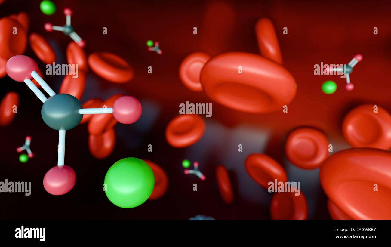 3d rendu des molécules de carbonate de plomb présentes dans la circulation sanguine, empoisonnement au plomb. Banque D'Images