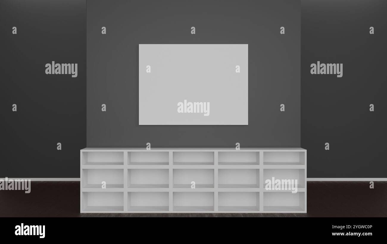 Bibliothèque blanche minimaliste avec cadre vierge sur un mur gris. Design intérieur propre et moderne, parfait pour les présentations. illustration 3d. Banque D'Images