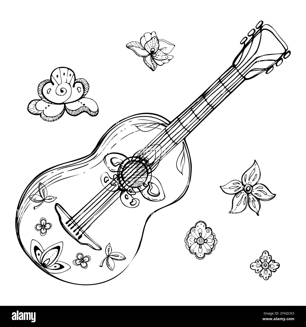 Instrument de musique de guitare espagnol mexicain, mariachi fiesta, décoration florale stylisée. Illustration vectorielle d'encre dessinée à la main. Bannière transparente isolée Illustration de Vecteur