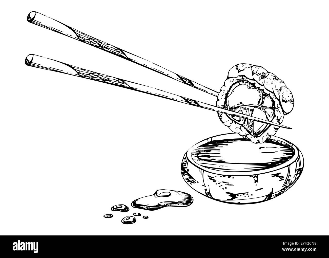 Rouleaux de sushi alimentaire japonais sur des baguettes avec du poisson cru saumon avocat thon, tempura de crevettes sésame avec bol de sauce soja, dessiné à la main dans un stylo vectoriel, encre Illustration de Vecteur