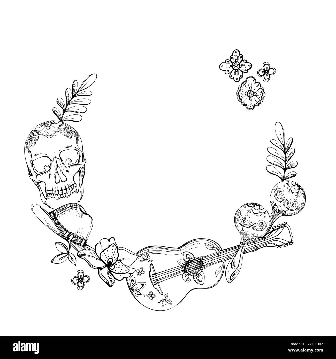 Symboles mexicains chapeau sombrero, guitare maracas instruments de musique, cinco de Mayo crâne floral. Illustration vectorielle d'encre dessinée à la main. Cadre de couronne Illustration de Vecteur