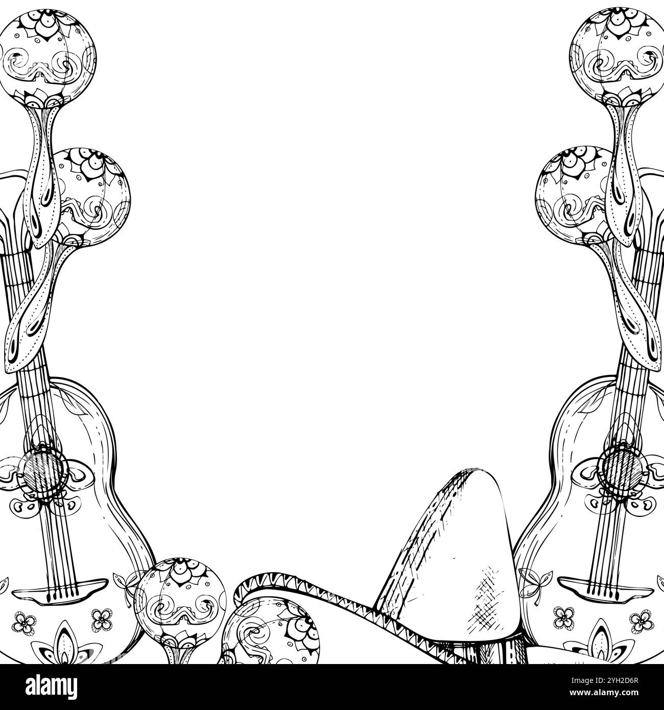 Symboles mexicains sombrero chapeau, guitare maracas mariachi instruments de musique, ornement floral. Cadre de bordure d'illustration isolé de vecteur d'encre dessiné à la main Illustration de Vecteur