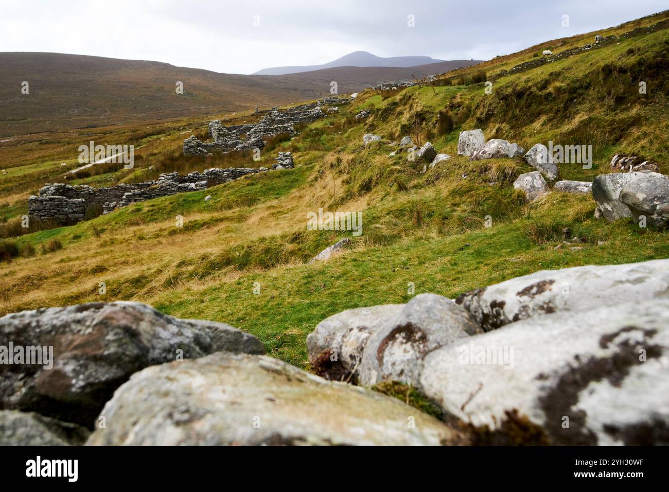 vue sur le mur de pierre en ruine le long de la rue de slievemore village déserté achill île, comté mayo, république d'irlande Banque D'Images