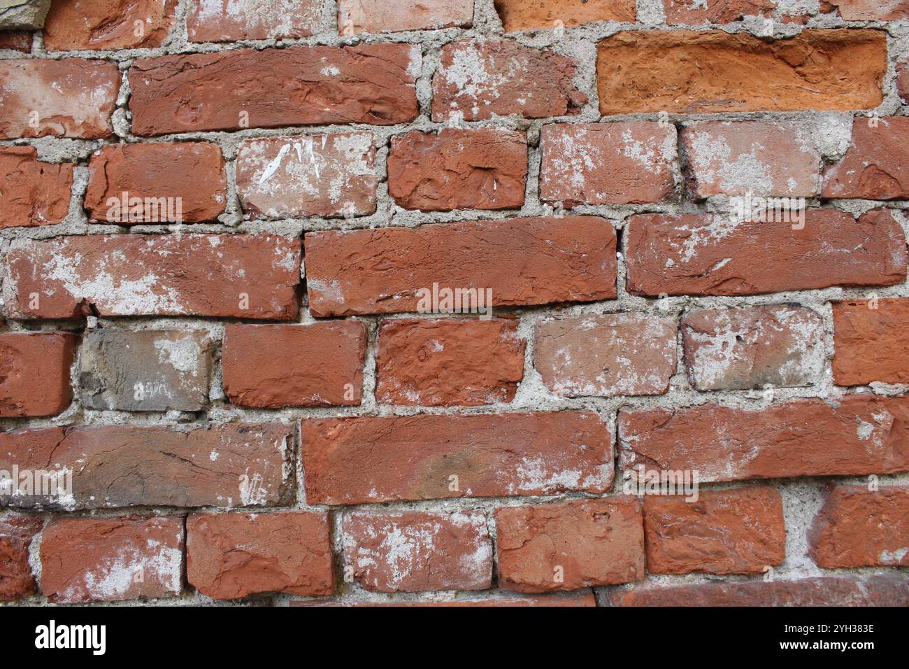 Mur de briques rouges avec des restes de ciment, ciment, mortier. Fond de construction brutale. Banque D'Images