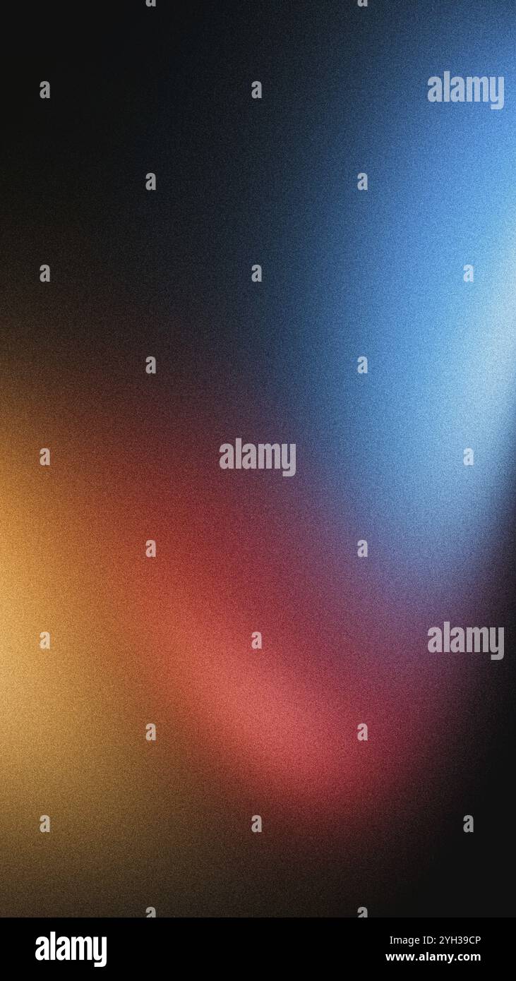 Fond dégradé vertical brillant rouge bleu jaune couleurs granuleuses fond noir texture bruit design abstrait Banque D'Images