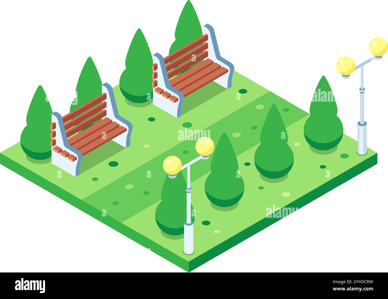 Scène isométrique de parc urbain avec des bancs en bois, des arbres verdoyants et des lampadaires modernes, représentant les loisirs urbains et de plein air Illustration de Vecteur
