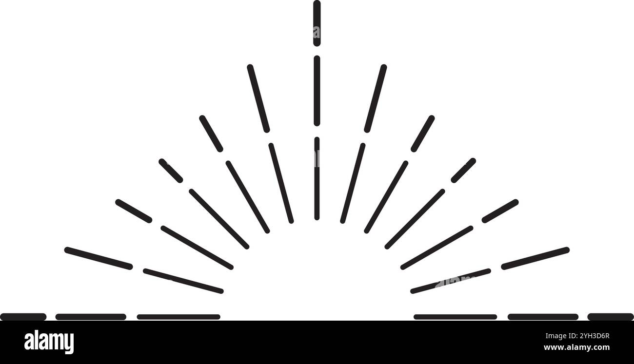 Cet élément de design rétro Sunburst présente des lignes courtes et des tirets disposés en forme de demi-cercle, évoquant une esthétique vintage avec son pourtant simple Illustration de Vecteur