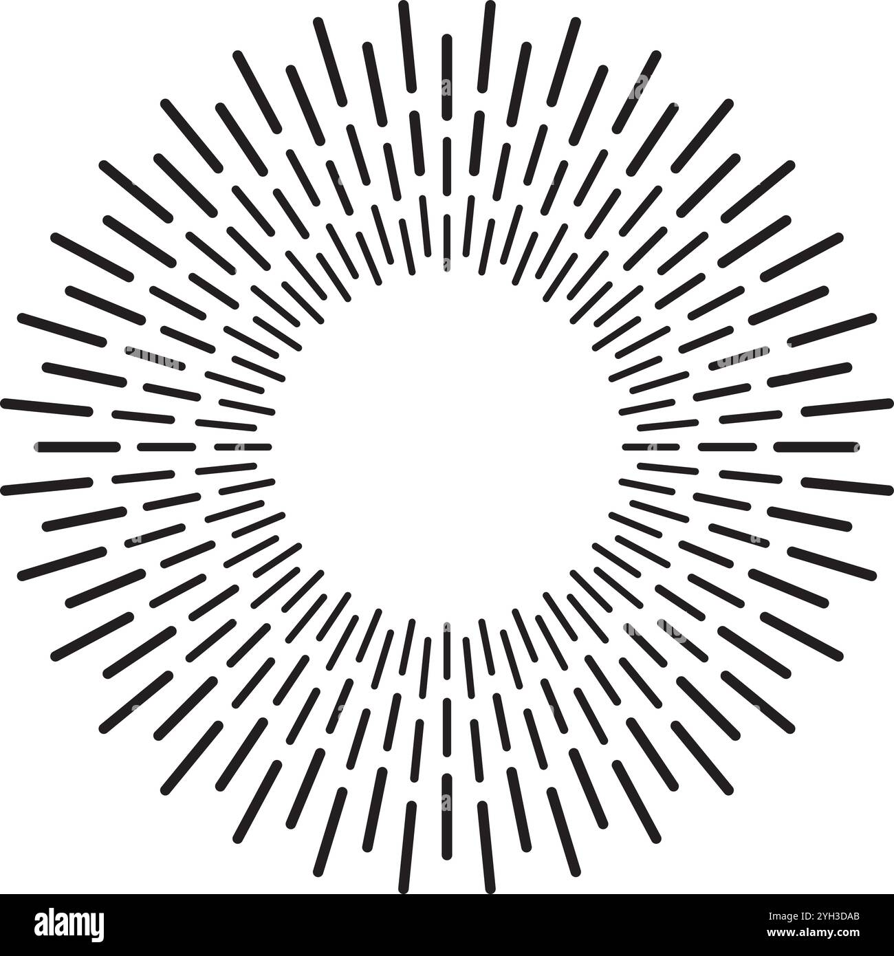 De nombreuses lignes noires émanent d'un point central, formant un motif dynamique d'éclat de soleil ou d'étoile sur un fond blanc, évoquant un sentiment de Illustration de Vecteur
