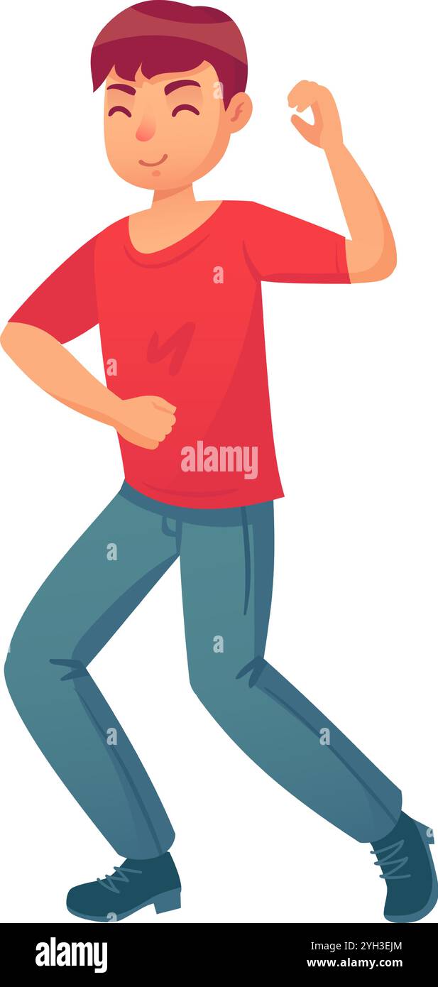 Jeune homme portant un t-shirt rouge et un pantalon bleu est pleinement engagé dans la danse, bougeant son corps rythmiquement avec une expression joyeuse et heureuse sur le sien Illustration de Vecteur