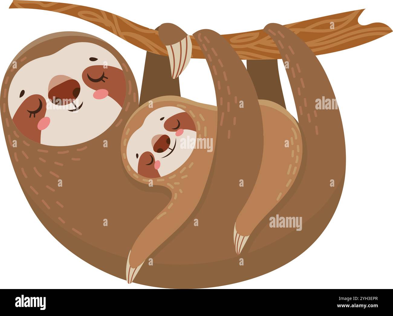 La mère paresseuse de dessin animé est suspendue à l'envers à une branche d'arbre avec son paresseux bébé accroché à elle, les deux avec des expressions sereines Illustration de Vecteur