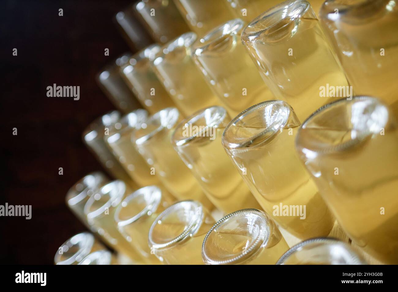 Plan de fond de bouteilles en verre remplies de cidre de pomme en maturation retournées pour déposer les sédiments naturels dans une cave fraîche, espace de copie Banque D'Images