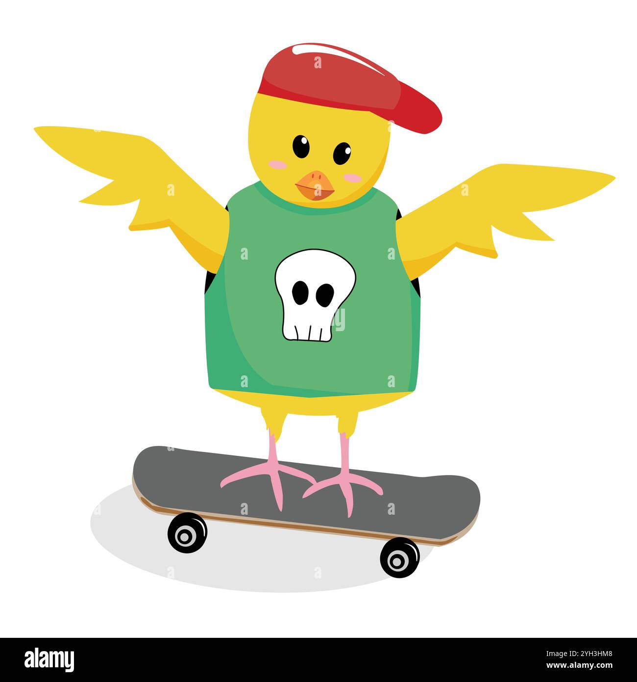 Personnage drôle de poulet de dessin animé pour la conception d'enfant jouant sur le skateboard ; personnage habillé d'un poussin va avec un skateboard Illustration de Vecteur