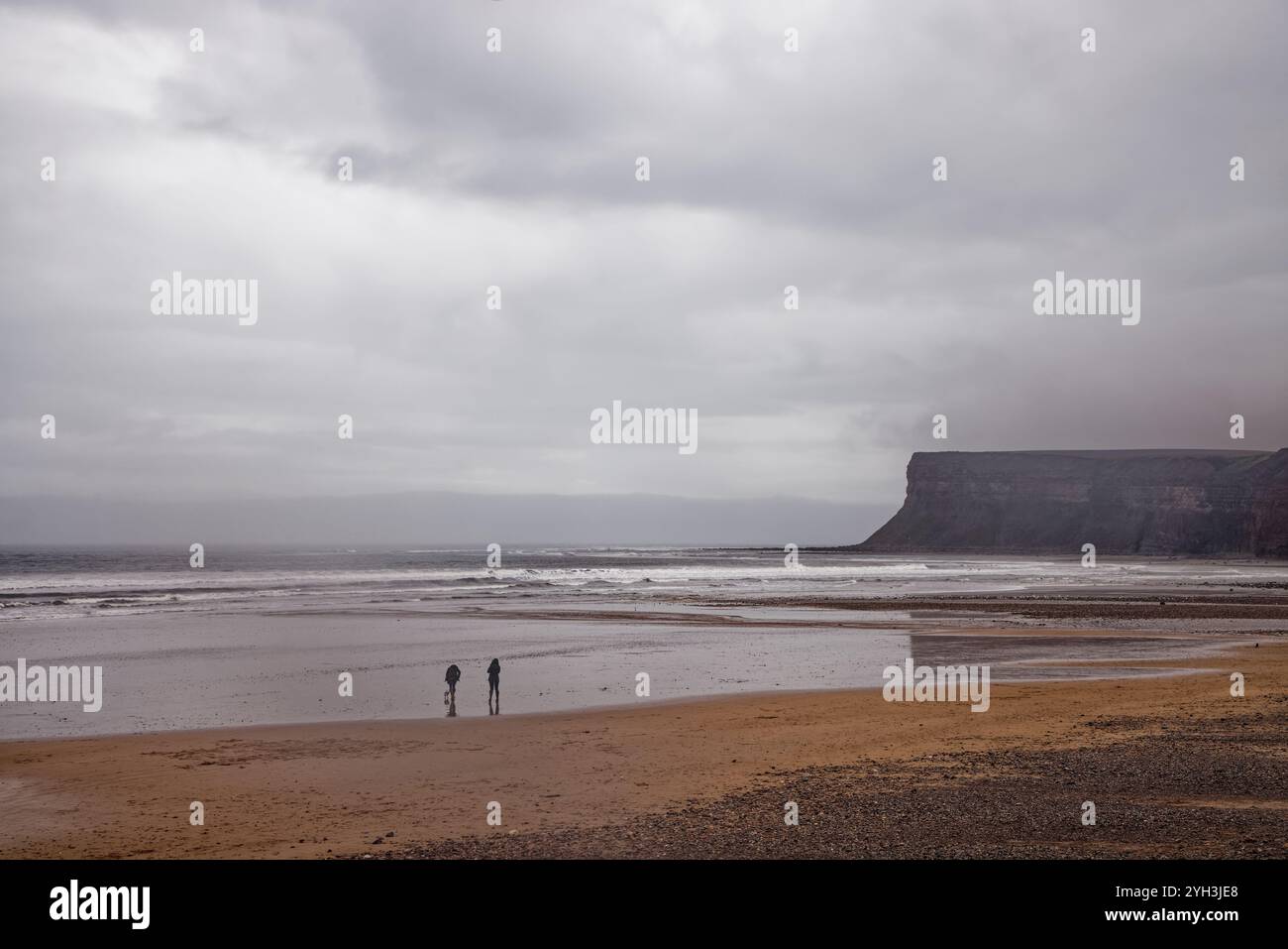 Deux femmes promènent un chien sur Saltburn Beach. Banque D'Images