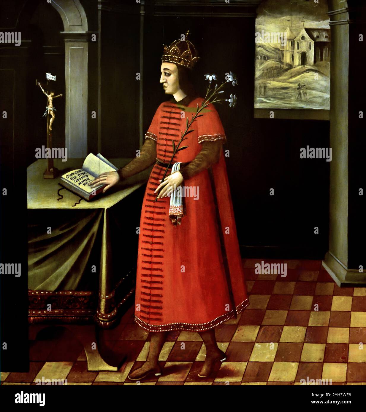 Peinture à l'huile baroque du XVIIe siècle « Saint Casimir de Pologne » (vers 1650–1680) par un maître inconnu, conservée de manière permanente au Musée des Beaux-Arts de Budapest, représentant le pieux prince royal debout dans un dolman rouge tenant une tige de lys tout en priant devant un crucifix. Prince Saint Emeric, 1675-1680, par 1637-1656, peintre inconnu, Hongrie, Hongrois, (Musée des Beaux-Arts Budapest) Prince (Imre en hongrois) ; n. 1007 ; déc. 2 sept. 1031. Il était le fils d'Étienne Ier, roi de Hongrie, et de Gisela. Banque D'Images