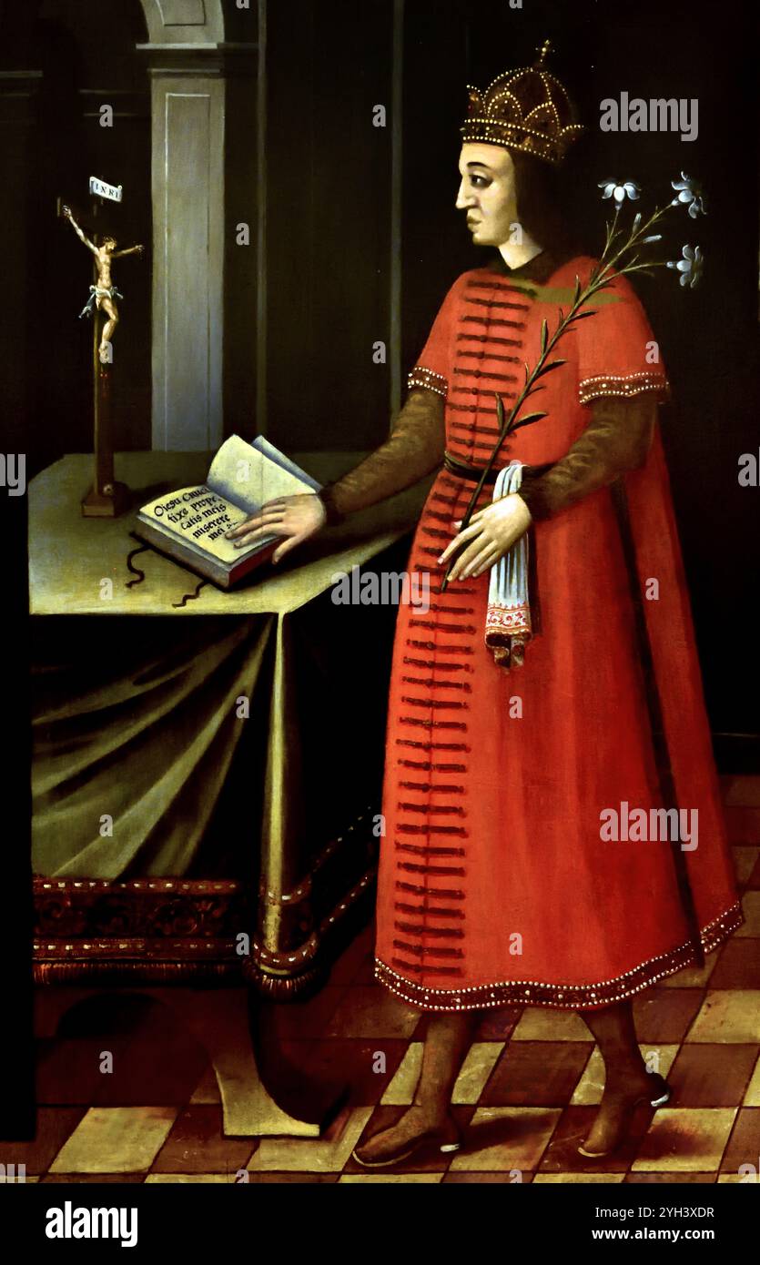 Peinture à l'huile baroque du XVIIe siècle « Saint Casimir de Pologne » (vers 1650–1680) par un maître inconnu, conservée de manière permanente au Musée des Beaux-Arts de Budapest, représentant le pieux prince royal debout dans un dolman rouge tenant une tige de lys tout en priant devant un crucifix. Prince Saint Emeric, 1675-1680, par 1637-1656, peintre inconnu, Hongrie, Hongrois, (Musée des Beaux-Arts Budapest) Prince (Imre en hongrois) ; n. 1007 ; déc. 2 sept. 1031. Il était le fils d'Étienne Ier, roi de Hongrie, et de Gisela. Banque D'Images