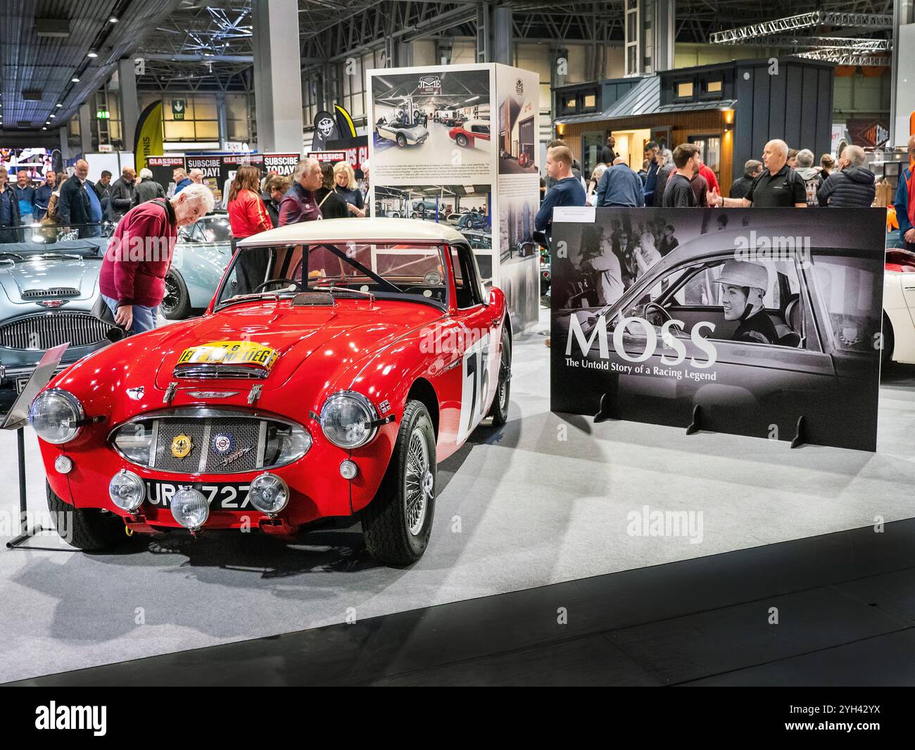 Pat Moss Rally Austin Healey sur le stand JME Austin Healey au salon NEC Classic car Show 2024 Banque D'Images