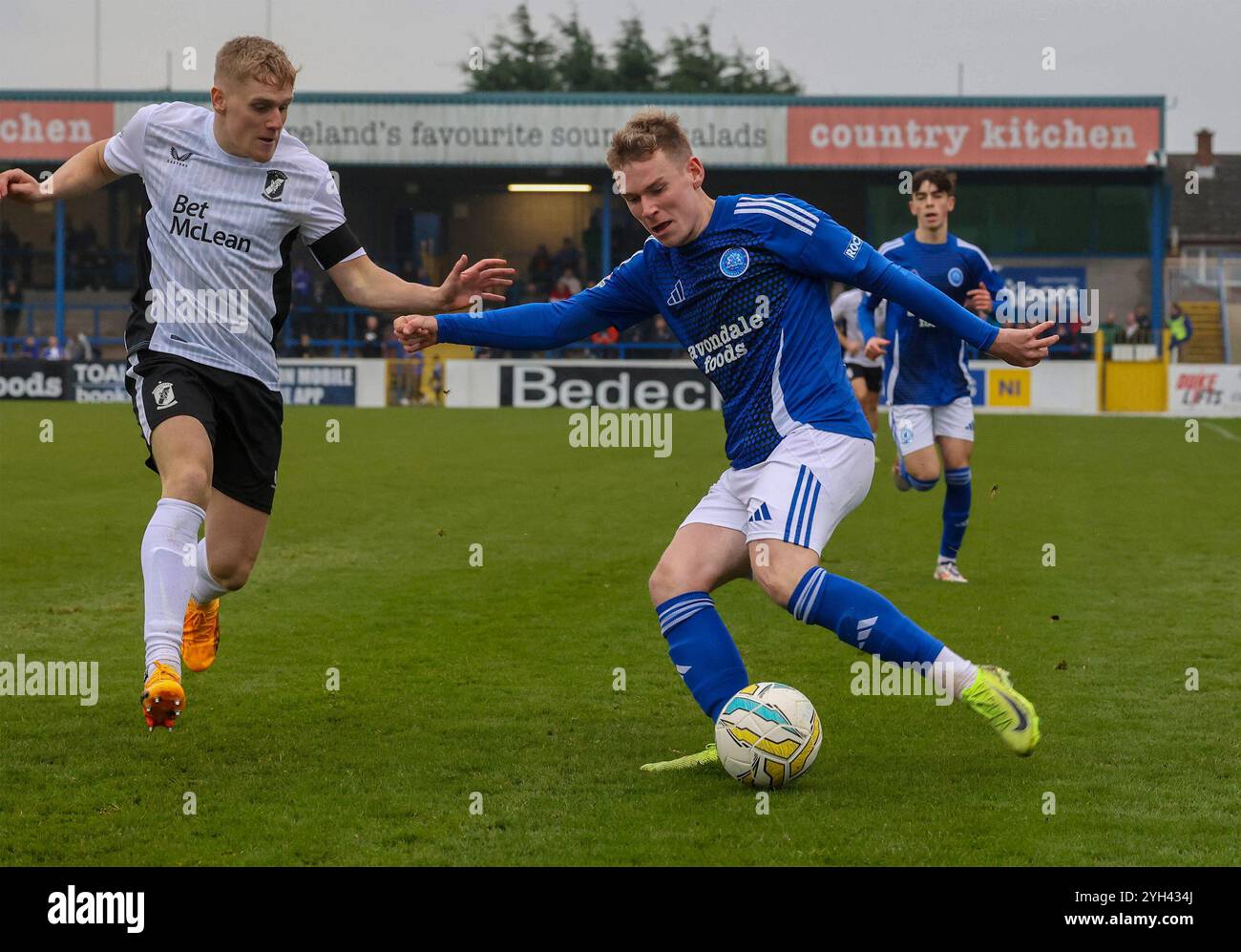 Mourneview Park, Lurgan, County Armagh, Irlande du Nord, Royaume-Uni. 09 novembre 2024. Sports Direct Premiership – Glenavon v Glentoran. Action du match d'aujourd'hui au parc Mourneview (Glenavon en bleu). Wightman (Glentoran) Campbell (Glenavon). Crédit : CAZIMB/Alamy Live News. Banque D'Images