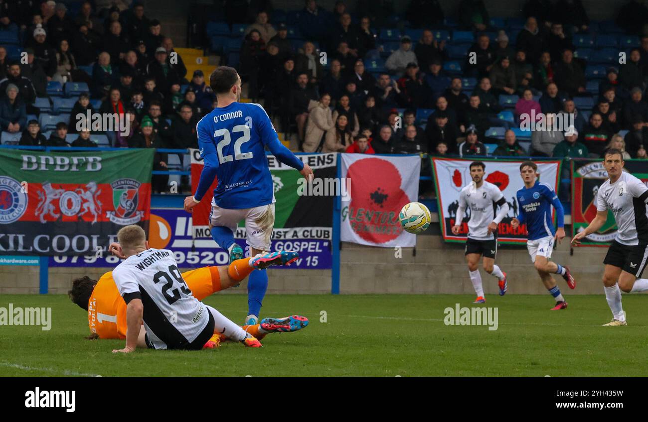 Mourneview Park, Lurgan, County Armagh, Irlande du Nord, Royaume-Uni. 09 novembre 2024. Sports Direct Premiership – Glenavon v Glentoran. Action du match d'aujourd'hui au parc Mourneview (Glenavon en bleu). Crédit : CAZIMB/Alamy Live News. Banque D'Images