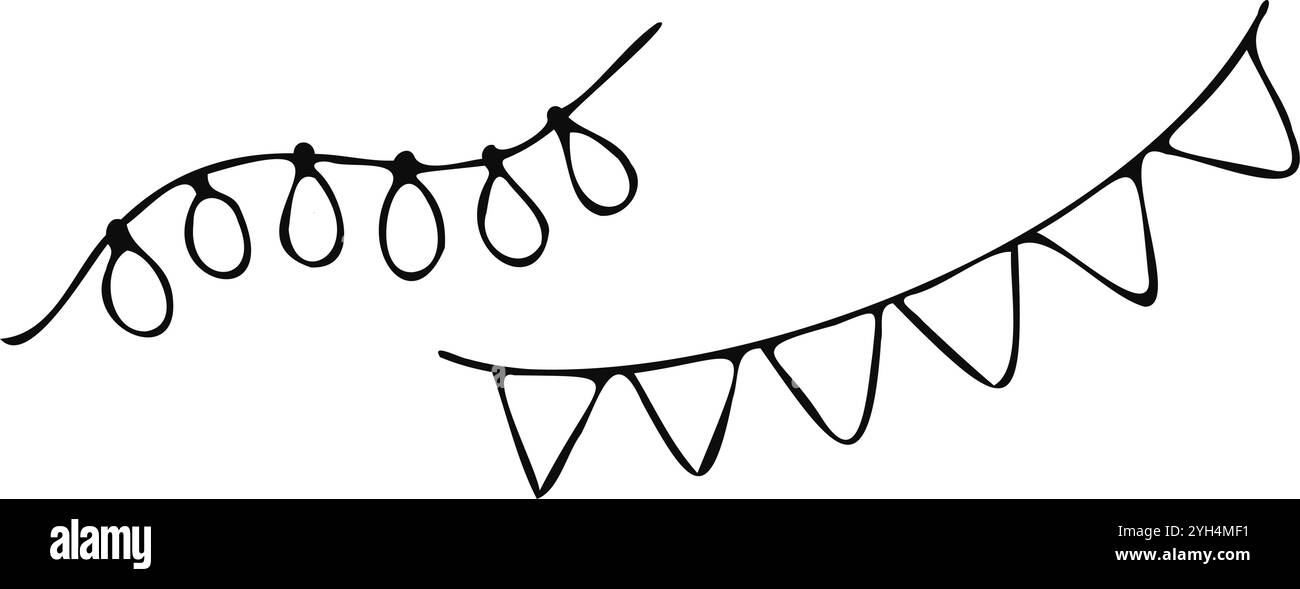Une illustration vectorielle festive de guirlande lumineuse noire et blanche dans un style dessiné à la main, parfaite pour les motifs et décorations sur le thème de Noël et des vacances Illustration de Vecteur