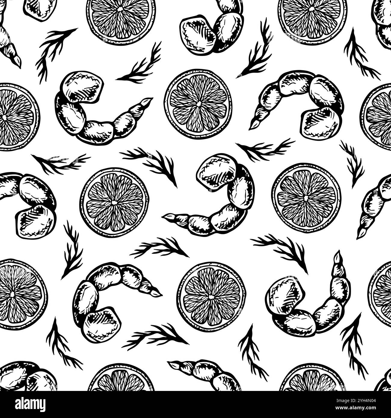 Modèle sans couture avec crevettes, citron et herbes. Graphiques vectoriels avec l'image de fruits de mer cuits. Illustration noire et blanche dessinée à la main du plat. Illustration de Vecteur