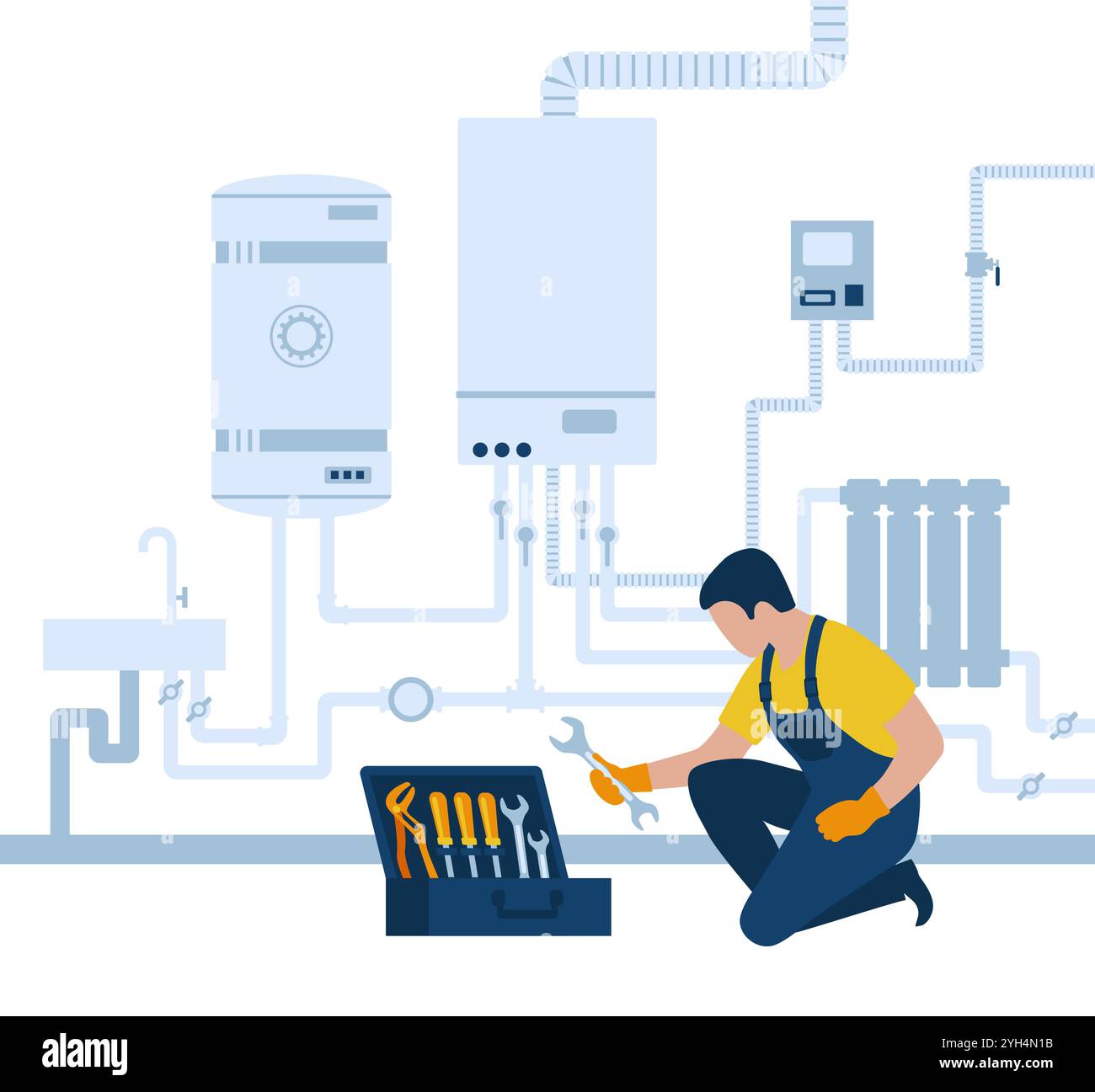 Système de chauffage domestique. Services de réparation, d'entretien et de plomberie résidentiels. Illustration de Vecteur