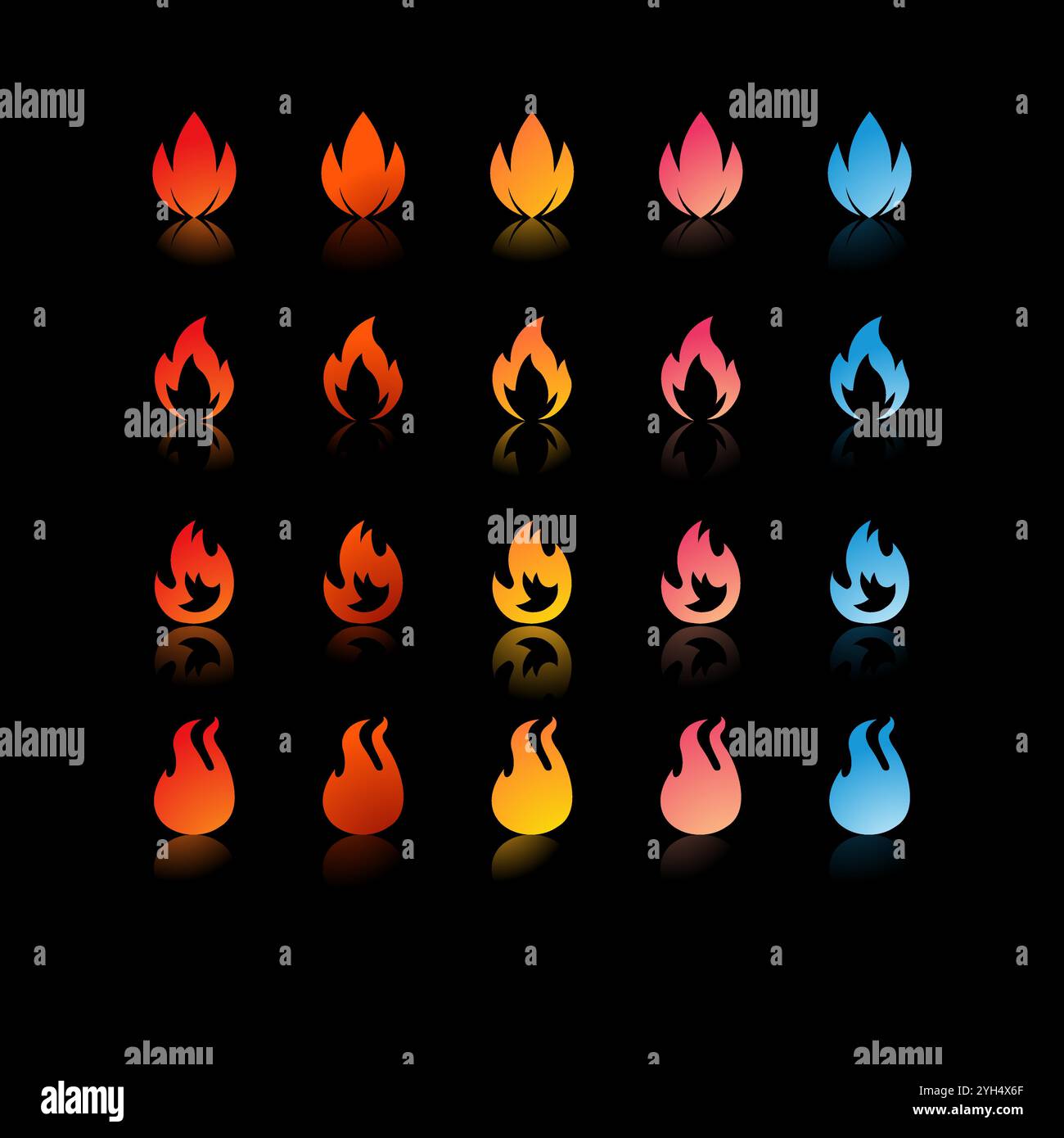 25 icônes de feu avec différents dégradés et formes dans des couleurs allant du rouge, orange, jaune, rose, au bleu pour les éléments de développement de jeu, Graphic Desig Illustration de Vecteur