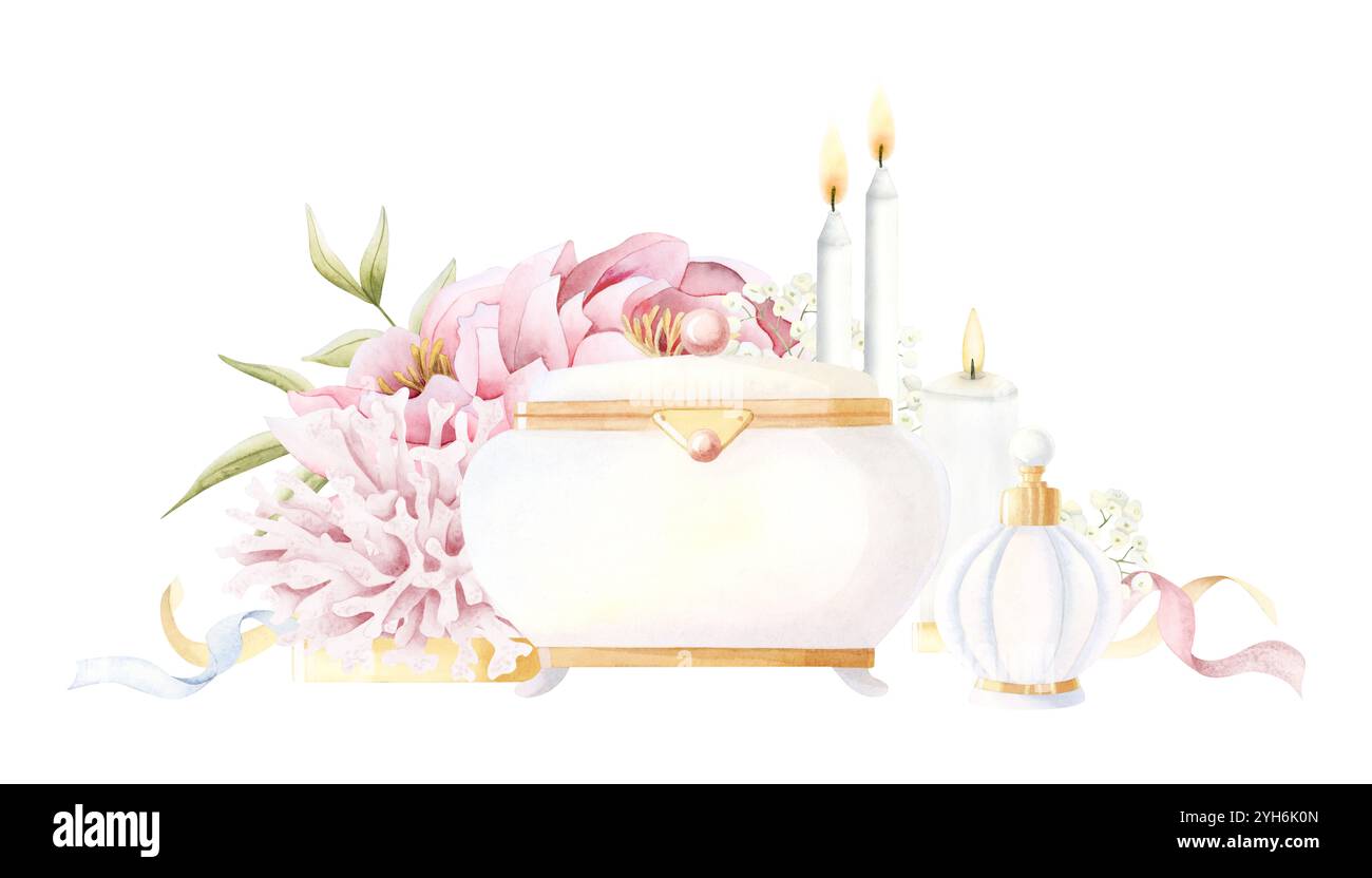 Modèle floral de fête de bachelorette avec accessoires vintage, boîte à bijoux, bouteille de parfum, bougies hautes et pivoines roses Banque D'Images