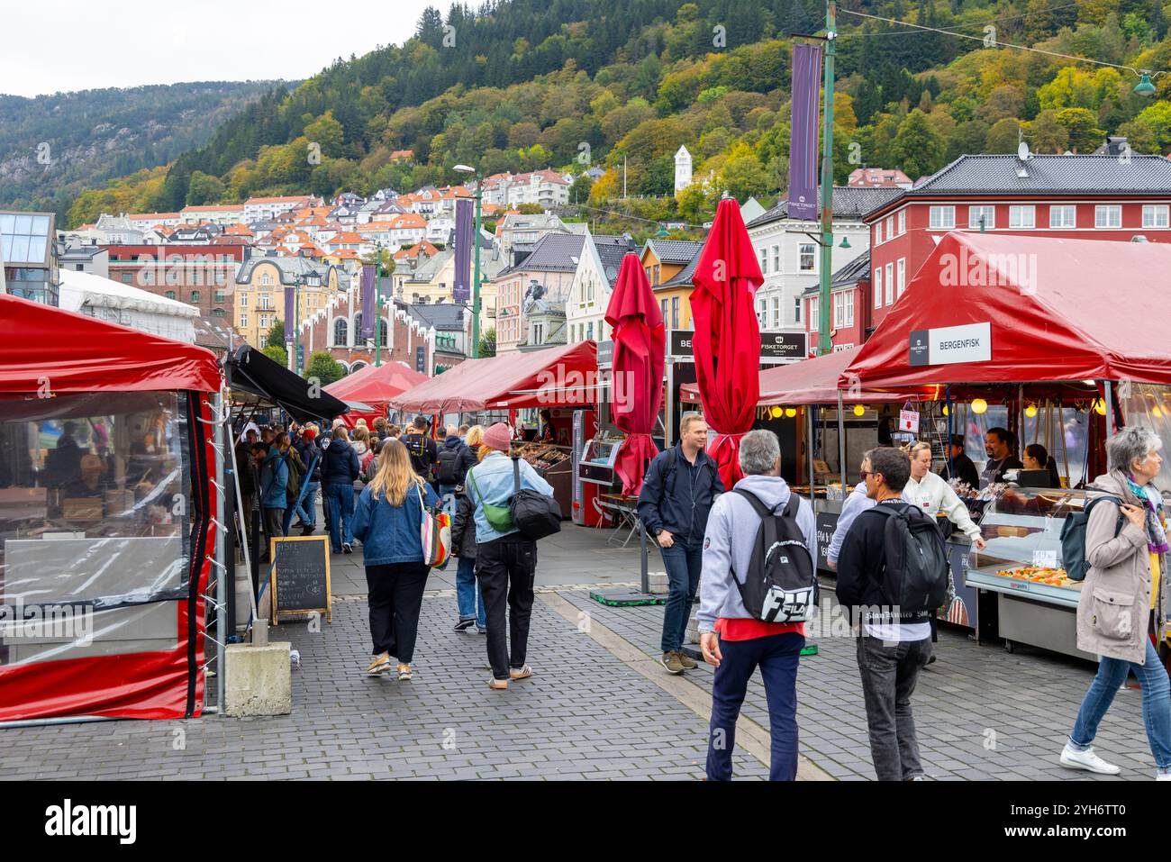 Marché de poissons et fruits de mer dans le centre-ville de Bergen avec des étals vendant une gamme de fruits de mer frais, Norvège occidentale, Europe, 2024 Banque D'Images