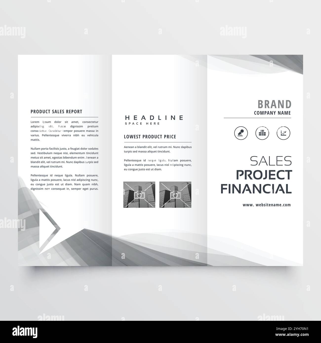 D'affaires élégante brochure en trois volets avec des formes ondulées gris Illustration de Vecteur