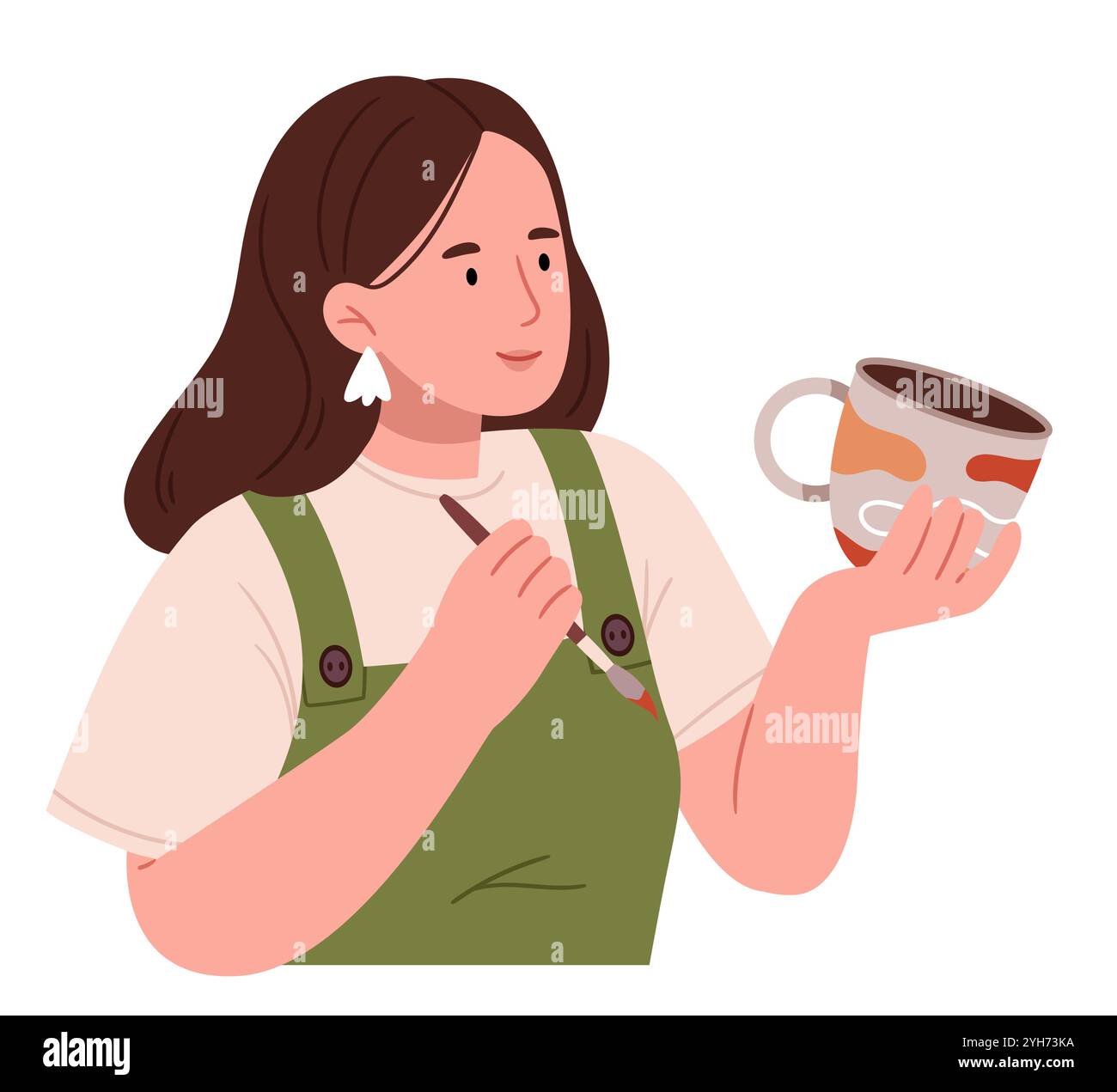 Une fille dans un tablier peint une tasse en argile. Poterie. Illustration de Vecteur