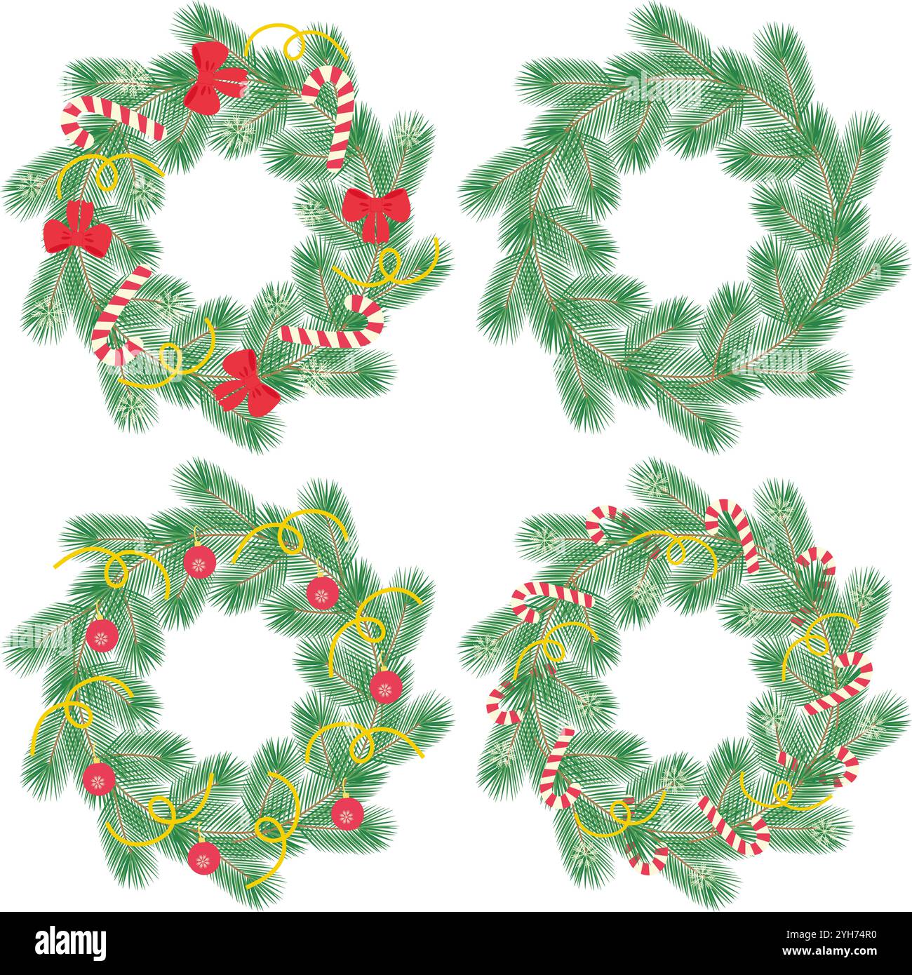Brindilles persistantes de Noël ou du nouvel an couronnes festives décorées et non. Cadres ronds ensemble 4 modèle. Illustration vectorielle isolée cartes de vœux, affiche, flyer, dépliant, bannière, étiquette ou web, promo Illustration de Vecteur