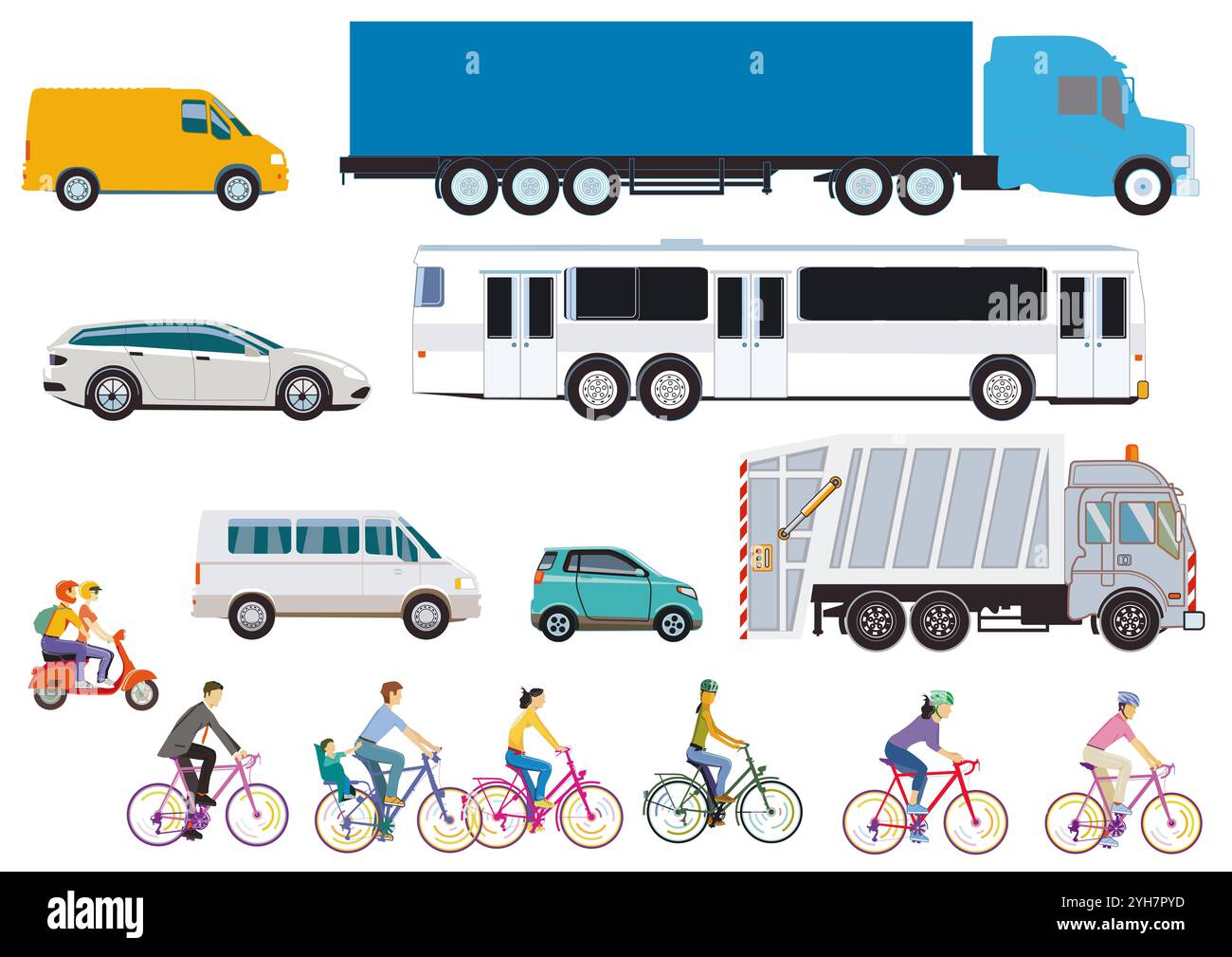 Fourgonnette de camion de bus et découpe de cycliste, illustration Banque D'Images