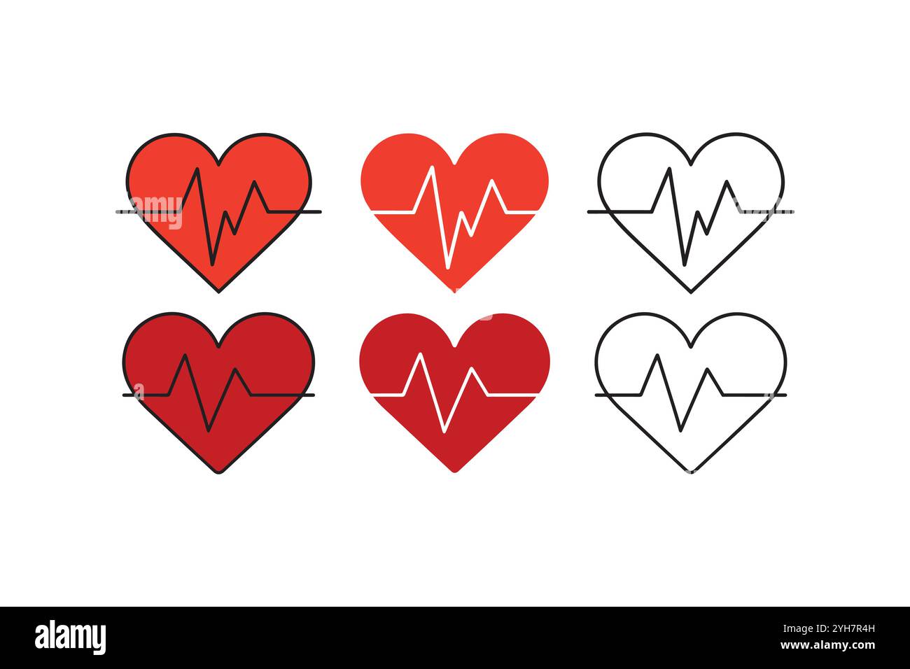 Cœur rouge avec pouls, icônes de cœur avec pouls, icône de pouls de battement de cœur, contour de battement de cœur. Illustration de Vecteur