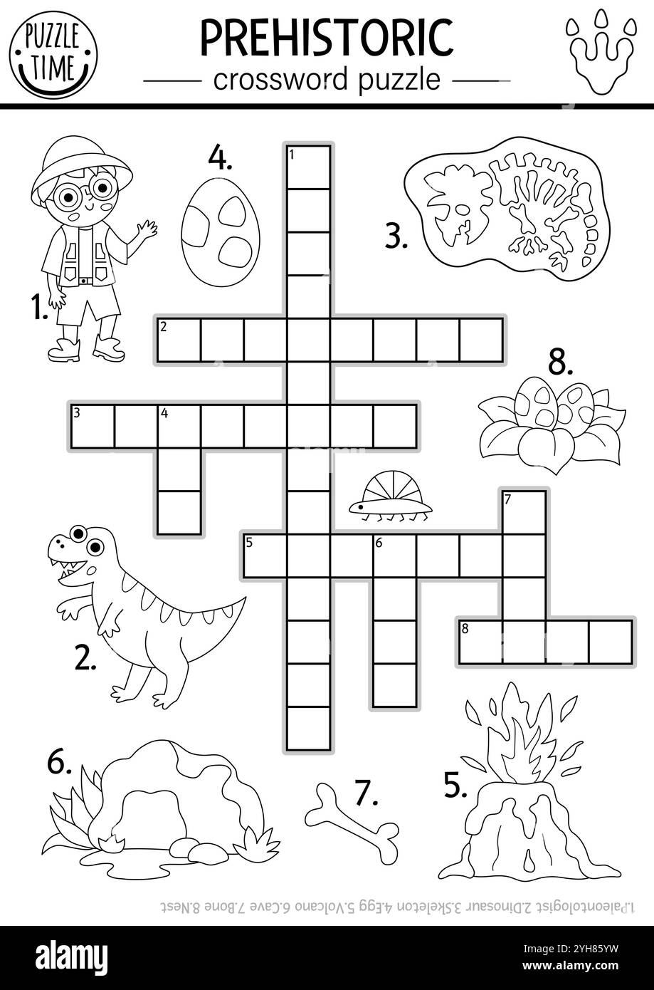 Puzzle de mots croisés de dinosaure noir et blanc vecteur pour les enfants. Quiz Dino Line pour les enfants. Activité éducative avec paléontologue, squelette, volcan, e Illustration de Vecteur