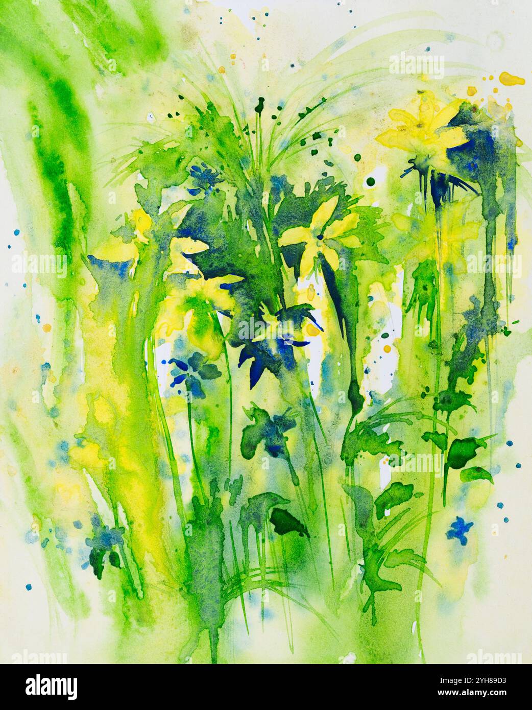 Belle peinture florale abstraite à l'aquarelle lumineuse avec fond jaune et copyspace. Art aquarelle peint à la main indien créé avec des pinceaux Banque D'Images