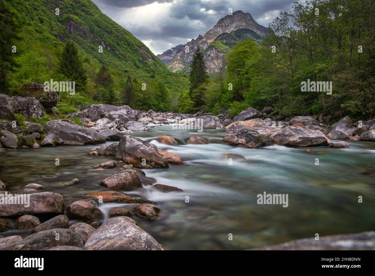 Vallée de Verzasca avec des arbres verts et des nuages Banque D'Images
