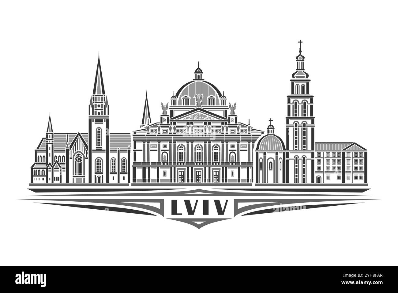 Illustration vectorielle de Lviv, carte horizontale monochrome avec design linéaire célèbre paysage de ville de lviv, concept d'art de ligne urbaine européenne avec let décoratif Illustration de Vecteur