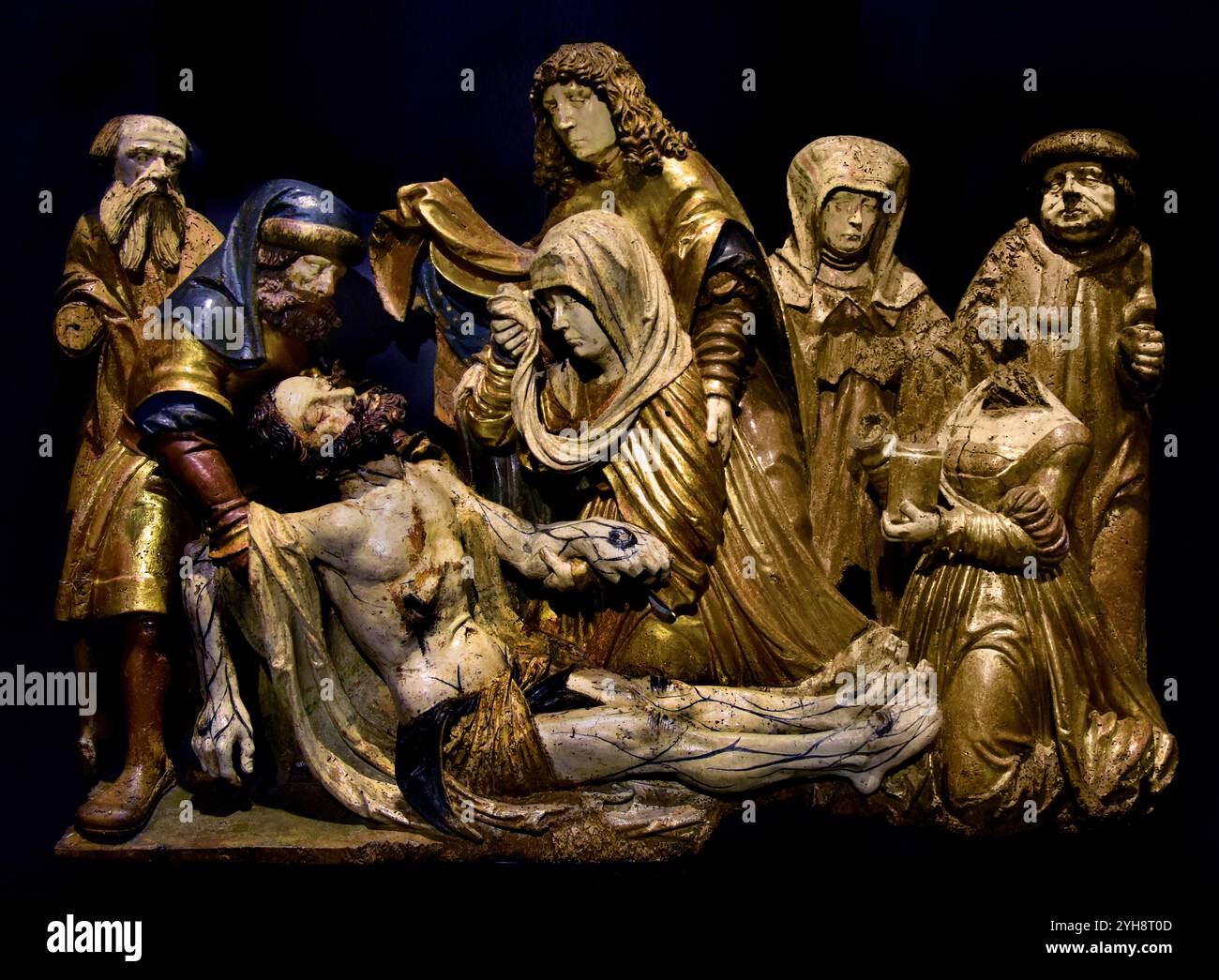 Lamentation sur le Christ mort par Lienhart ASTL 1515-1520 , Autriche, autrichienne. ( Lamentation du Christ, après Jésus a été crucifié, crucifixion, son corps a été enlevé, Croix , ses amis pleuré sur son corps, Lamentation sur le, Christ mort ) bois de chaux sculpté et peint ( Musée des Beaux-Arts Budapest ) retable de Santa Cristina XV siècle, Tempera - bois, Chapelle de Santa Cristina de Corca (El Baix Emporda), Espagne, 16ème siècle Banque D'Images