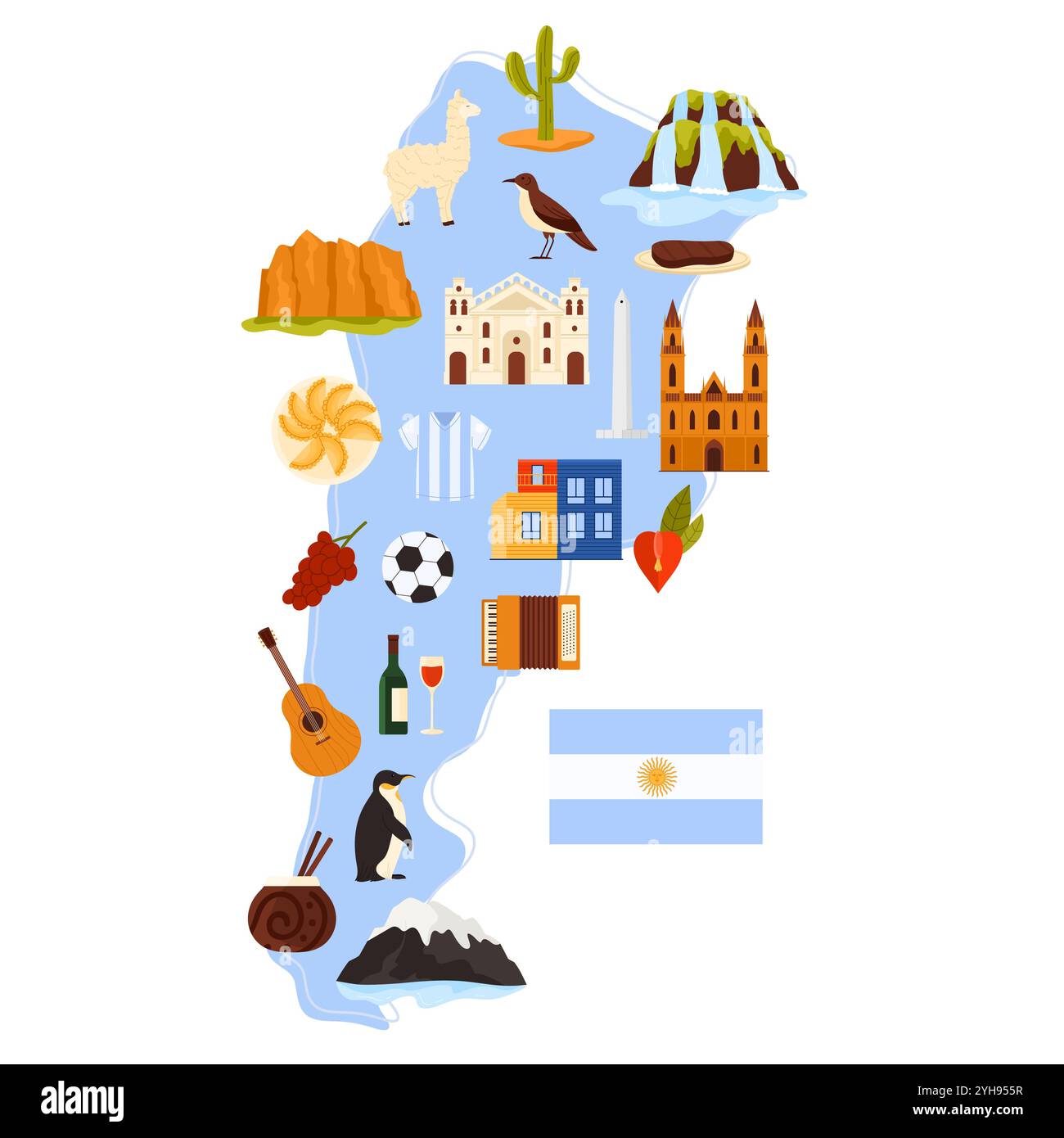 La culture Argentine, la nature et l'architecture monuments, animaux et éléments du football sur la carte infographique de pays de l'Argentine. Drapeau argentin avec soleil, empanadas et illustration vectorielle de dessin animé de vin Illustration de Vecteur