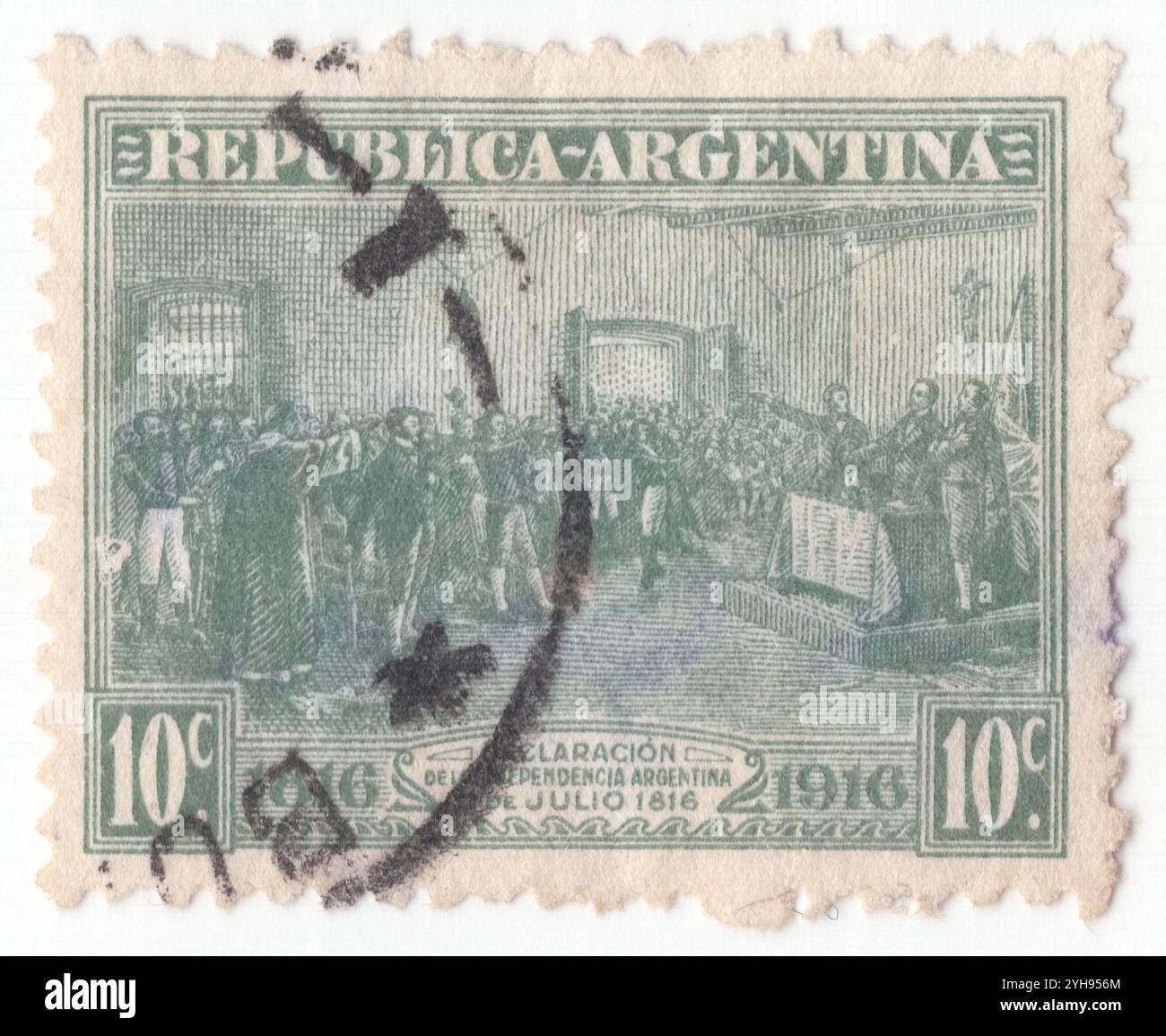 ARGENTINE - 1916 juillet : timbre-poste gris-vert à 10 centavo représentant la Déclaration d'indépendance. Centenaire de la déclaration Argentine d’indépendance de l’Espagne, 9 juillet 1816. Ce qui est aujourd'hui communément appelé l'indépendance de l'Argentine a été déclaré le 9 juillet 1816 par le Congrès de Tucumán. En réalité, les membres du Congrès réunis à Tucumán ont déclaré l'indépendance des provinces-Unies d'Amérique du Sud, qui est l'un des noms officiels de la République Argentine. Les provinces de la Ligue fédérale, en guerre avec les provinces-Unies, n'ont pas été autorisées à entrer au Congrès Banque D'Images