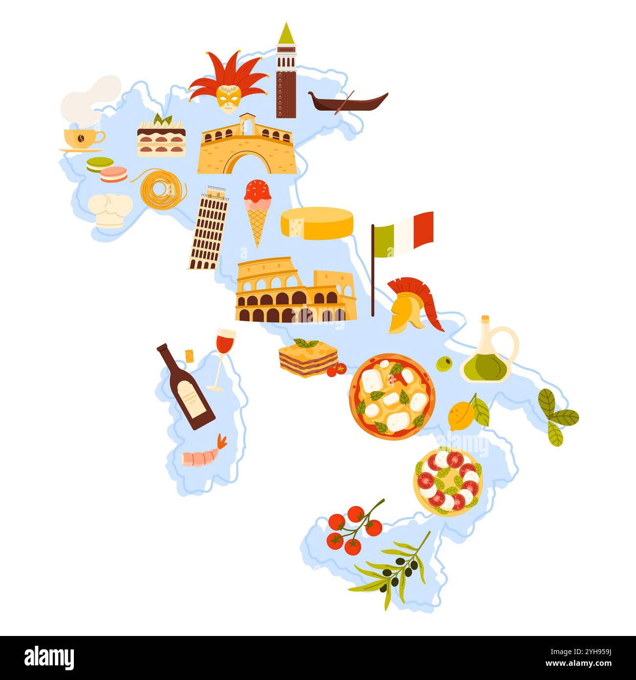 Voyage en Italie, carte d'affiche infographique avec des éléments culturels et des monuments. Rameau d'olivier et tomates cerises, vin et pizza, Colisée de Rome et Tour de Pise sur la carte de pays illustration vectorielle de dessin animé Illustration de Vecteur