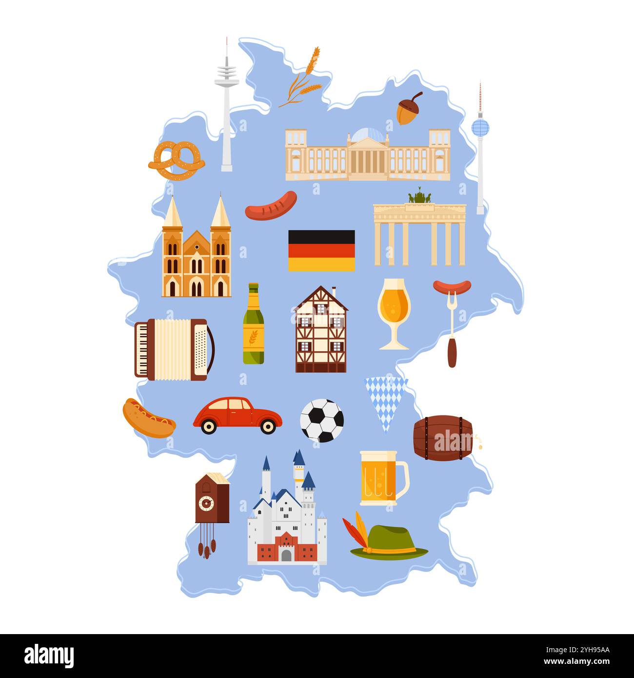 Carte de voyage de l'Allemagne avec culture, nourriture et attractions. Monument de la porte de Brandebourg et bâtiment du Reichstag à Berlin, bretzel et saucisse, château de Neuschwanstein, illustration vectorielle de dessin animé accordéon Illustration de Vecteur