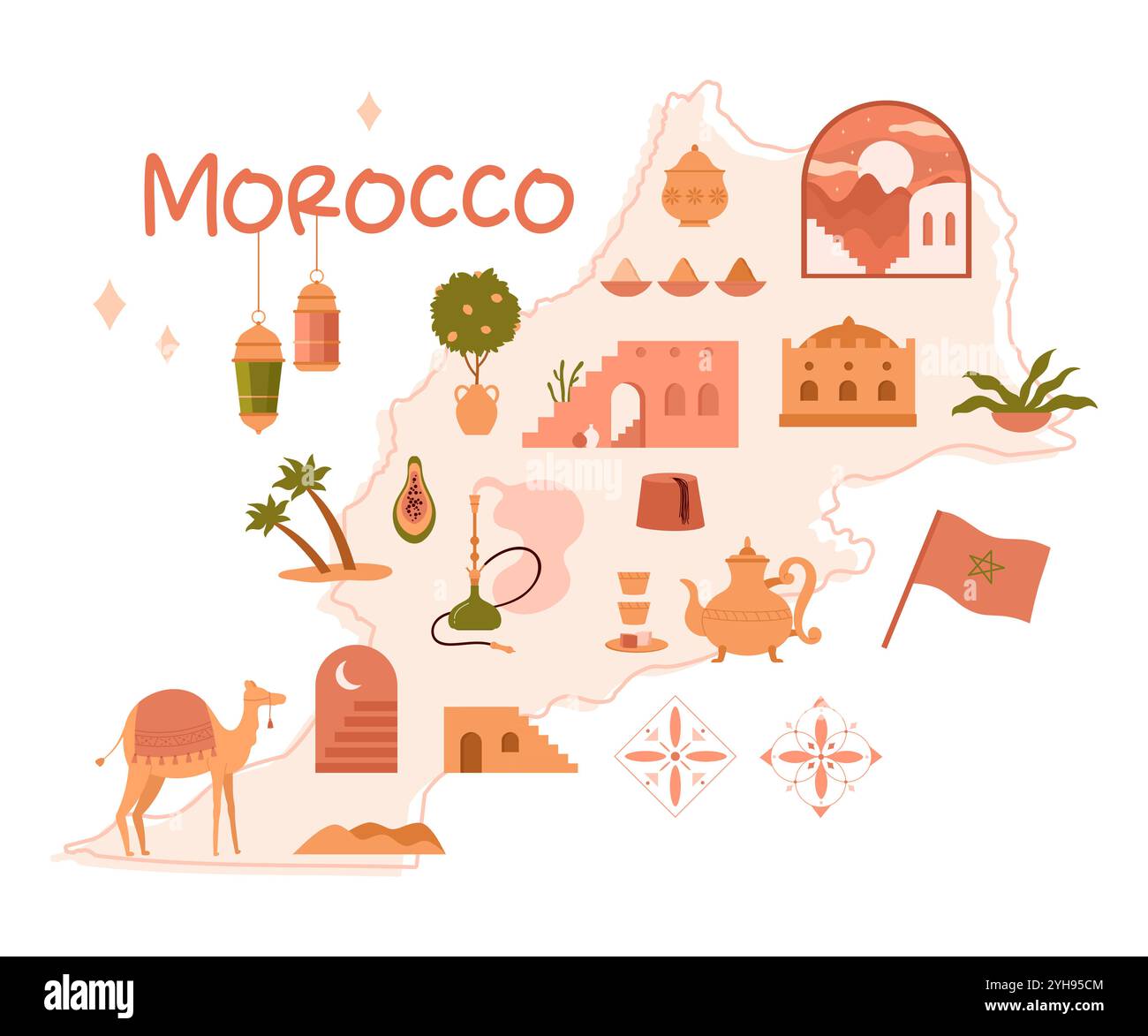 Carte du Maroc avec architecture du désert arabe, autocollants décorations de la culture islamique antique. Palais marocain avec porte arche et fenêtres, poterie traditionnelle et illustration vectorielle de dessin animé narguilé Illustration de Vecteur