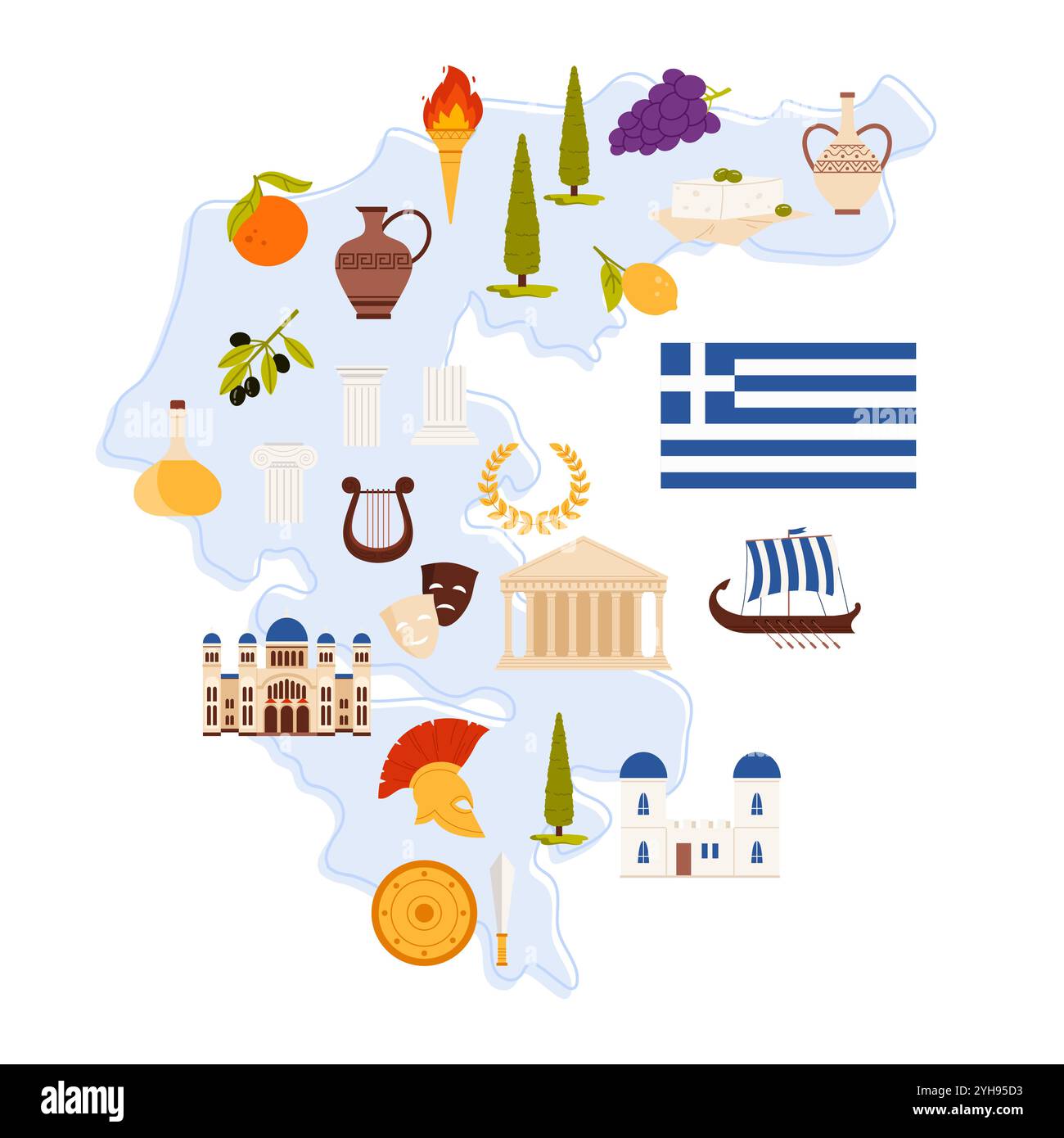 Bienvenue en Grèce, conception de bannière avec des éléments de culture et de patrimoine, épingler sur la carte du pays. Armure et épée de guerrier antique, ruines de temple et bâtiments, illustration vectorielle de dessin animé d'arbre de cyprès et de nourriture Illustration de Vecteur